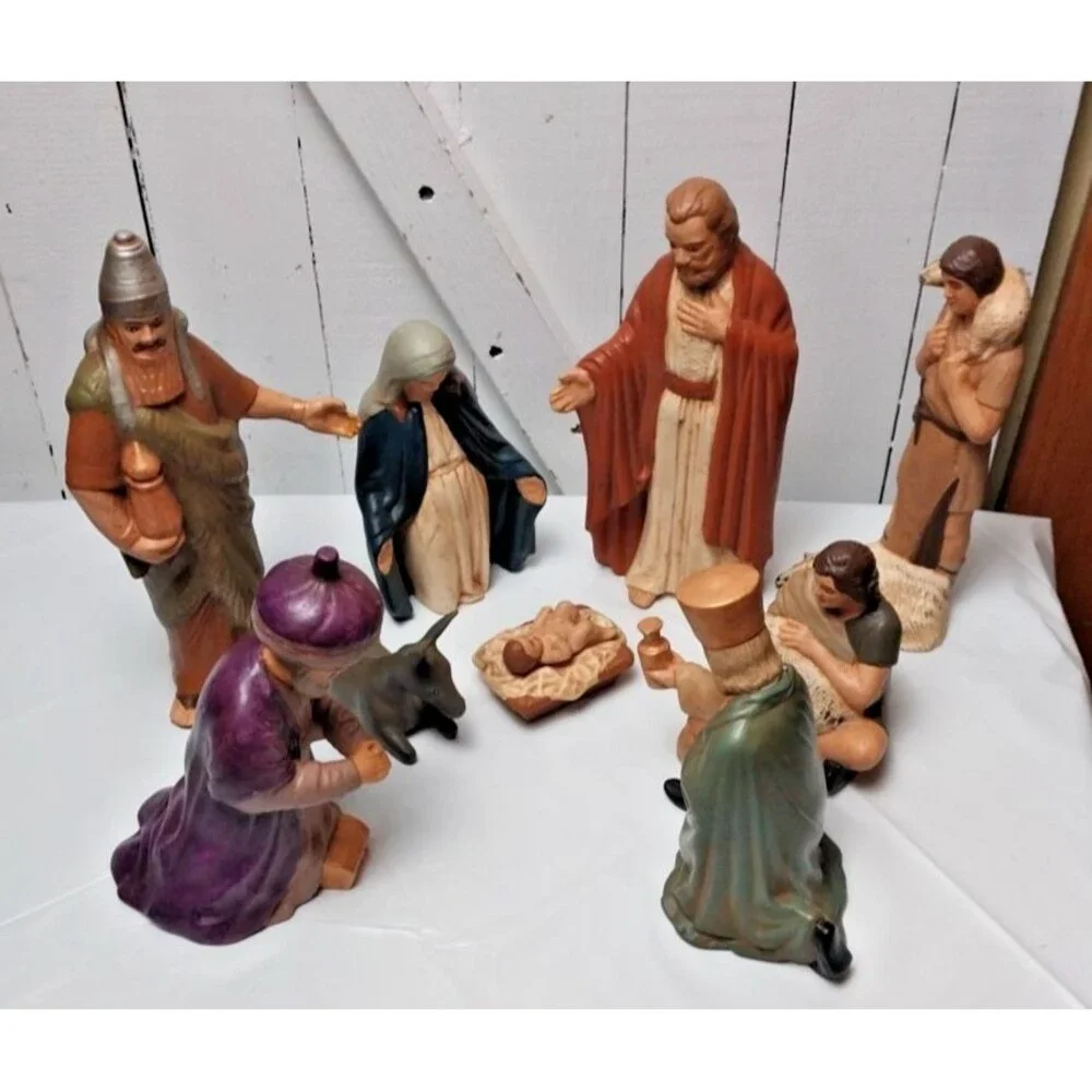 VTG 9pc Nativity Scene Set Ceramic Hand Painted Figures/Animals